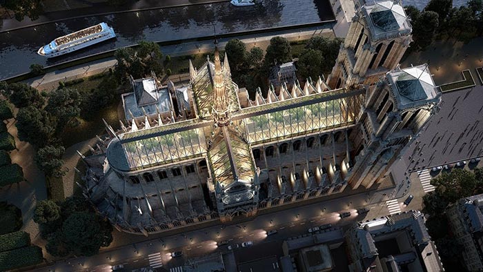 Miysis Studio navrhuje obnovit Notre-Dame prosklenou střechou se stromy
