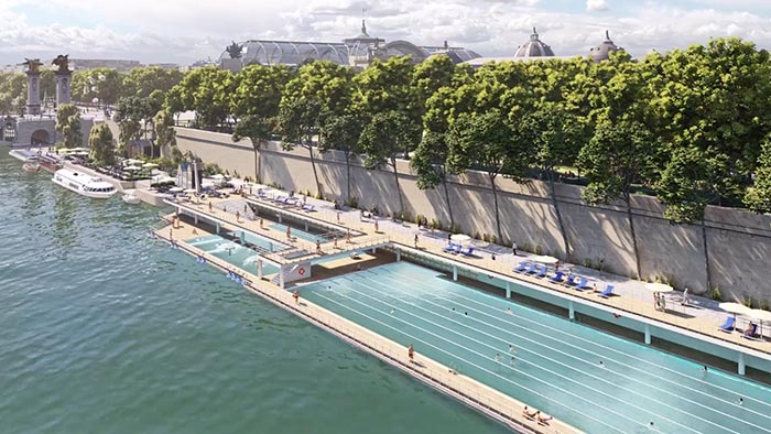 Na videu se ukazuje proměna bulváru Champs-Élysées a přilehlý plovoucí bazén